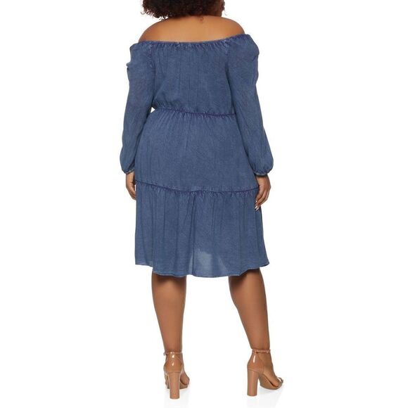 NWT MLLE GABRIELLE Hand Dyed Off The Shoulder Faux Denim Dress Size 2X - Picture 2 of 7